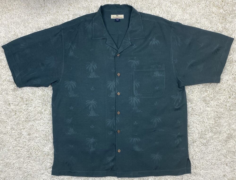 Tommy Bahama Men's L 100% Silk Camp Shirt Teal Palm Tree Jacquard Short Sleeve